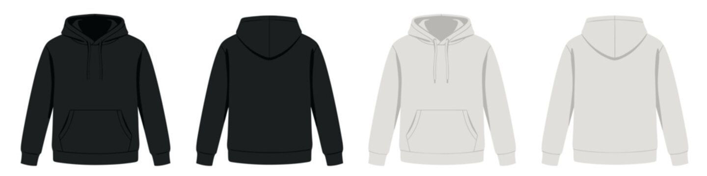 White black classic drawstring hoodie front back mockup. Trendy template sweatshirt casual clothes with hood cotton vector textile unisex set for autumn walking.
