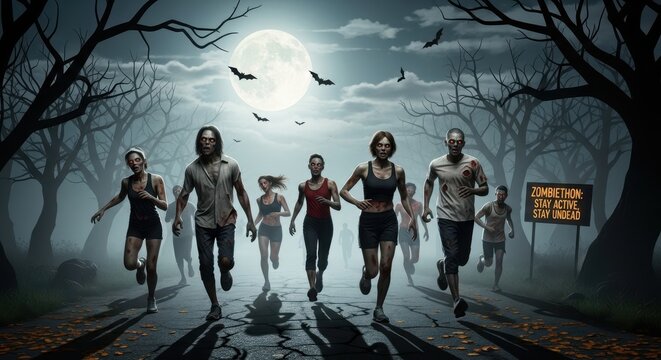 Zombies Chasing People Through Spooky Forest Under Full Moon.