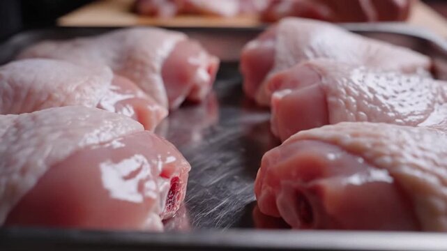 Close up shot of raw fresh chicken thighs arranged neatly on a metal tray in commercial kitchen, cooking meat food concept