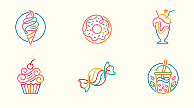 Colorful monoline food and drink logos featuring minimalist neon strokes for dessert shop branding.