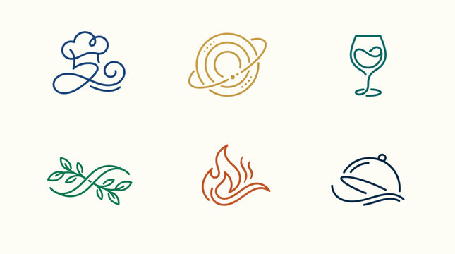 Elegant food and beverage logo icons featuring minimalist line art chef hat wine glass and cloche