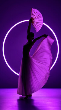 Silhouette of female dancer with fans and neon circle in purple light
