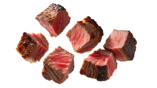 Cooked beef steak cubes with pink juicy interior and seared crust