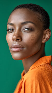 Confident young african female in orange shirt against green background