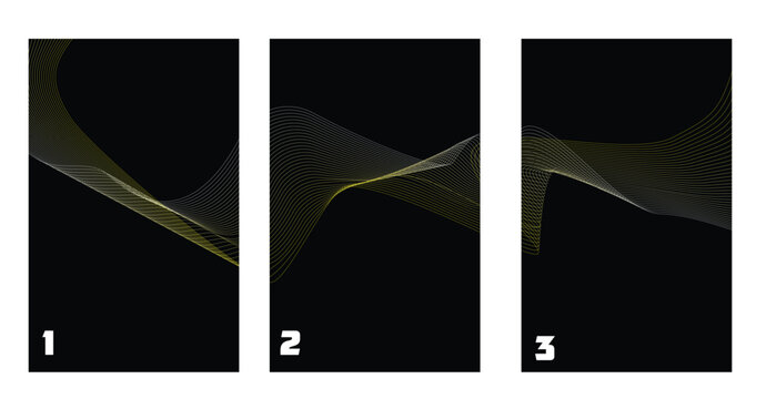 Abstract golden particle wave compositions in three panels with abstract particles background