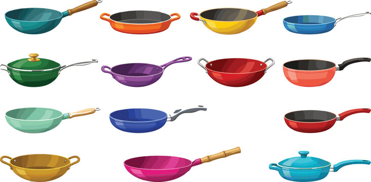 Flat cartoon vector illustration set featuring various colorful frying pans woks and skillets with handles on white background.