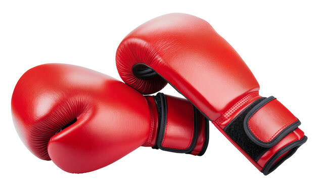 Pair of red leather boxing gloves with black straps