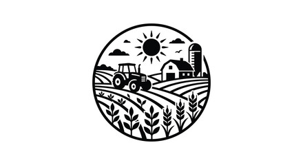 Farm Scene Silhouette With Tractor Barn And Sun On White Background © MBHM Studio