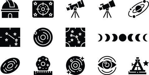 Astronomy and Space Observation Glyph Icon Set Featuring Telescopes Constellations Planets Moon Phases and Stargazing © Mitu