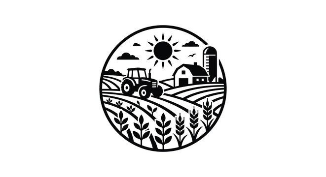 Farm Scene Silhouette With Tractor Barn And Sun On White Background