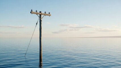 Obraz premium Lone electric pole standing in calm blue ocean.