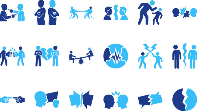 Conflicting people icons show dispute argument and disagreement symbols conflict resolution ideas.