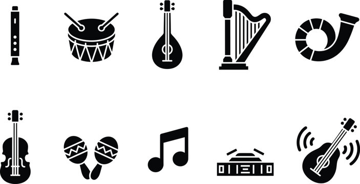 Musical Instruments and Music Performance Glyph Icon Set Featuring Strings Percussion Wind and Audio Symbols