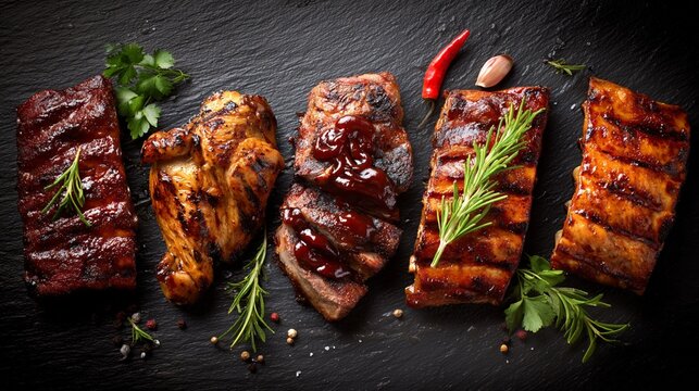 Sizzling grilled meat varieties showcasing perfectly charred steaks and chicken with aromatic herbs and chili on dark slate background