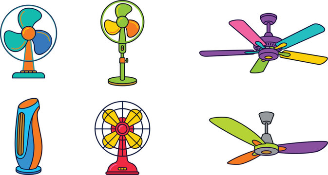 Flat cartoon vector illustration set featuring colorful electric fans including desk pedestal tower and ceiling fans.