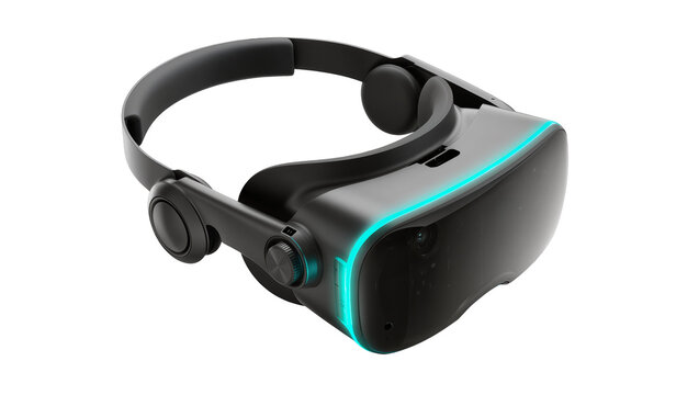 Black virtual reality headset with glowing blue light
