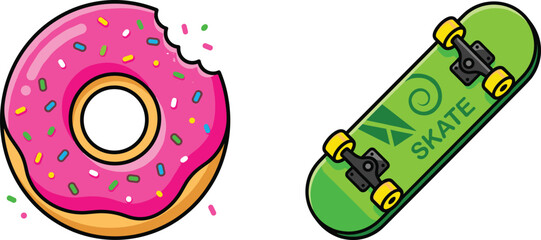 Flat cartoon vector illustration set featuring a pink frosted bitten donut and green skateboard isolated on white background. © KP Studio