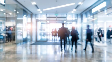 Fototapeta premium Crowd of people walking through modern shopping mall interior with blurred motion and bright sunlight through glass entrance doors creating an urban retail business atmosphere