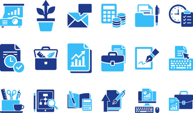 Business and finance icons in blue and dark blue, calculator stack coins folder graph, document.