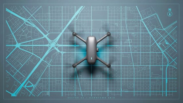 A drone hovers over a detailed map with blue lines and grid on a gray background.