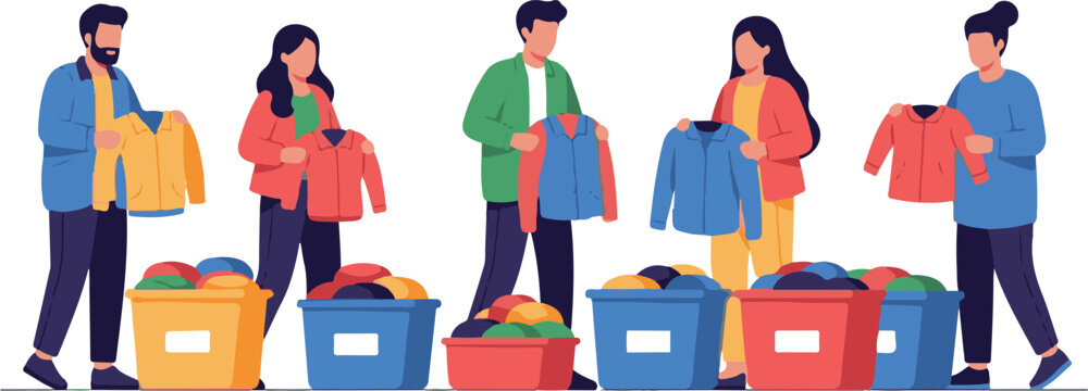 Group of volunteers sorting donated clothes into baskets