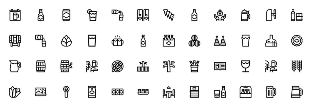 Beer icon set. Minimal vector icons pack. Featuring beer, bottle, mug, hop, barrel, fermentation, shandy, pint, pub, tap, toast, waiter, craft, beverage, and more. Editable vector stroke.