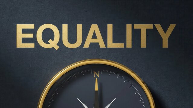 A compass with the word equality on a dark background represents social issues.