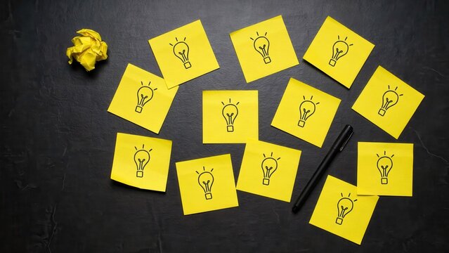 Several yellow sticky notes with lightbulb drawings are scattered on a dark surface with a crumpled paper and two black pens.