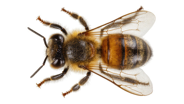 Honey bee insect with striped abdomen and wings