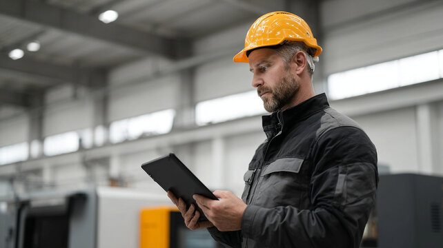 Industrial worker hard hat tablet factory inspection safety engineer technician male machinery focused engineer using tablet during factory