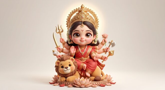 Cute cartoon goddess durga illustration sitting on a lion with multiple arms holding traditional symbols and weapons for hindu festival celebration decor and creative digital religious art projects
