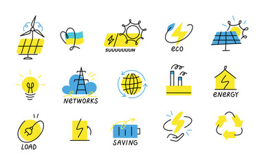 Fototapeta premium Green energy line icons. Sketch vector style eco electricity symbol elements duo color isolated on white background. Simple colorful doodle style eco friendly alternative power collection. Solar panel