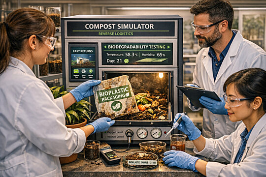 Team of scientists testing bioplastic packaging inside lab compost simulator