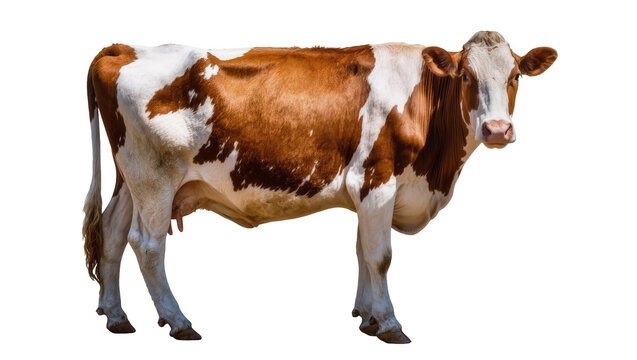 Brown and white spotted cow standing full body