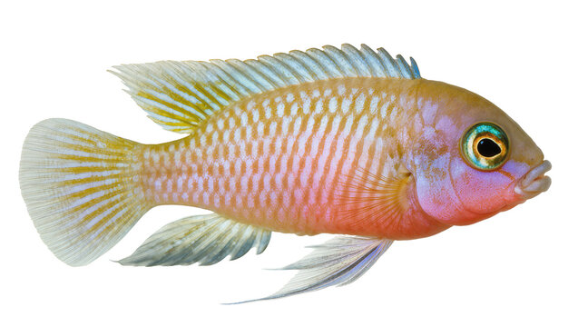 Orange and blue striped cichlid fish with iridescent eye
