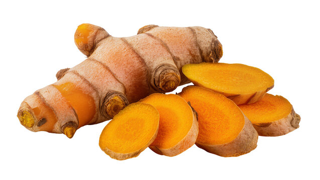 Turmeric root and slices with vibrant orange flesh
