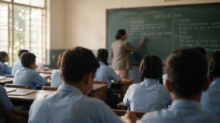 Fototapeta premium Teacher writing on green chalkboard in front of classroom of attentive students during academic lecture in school