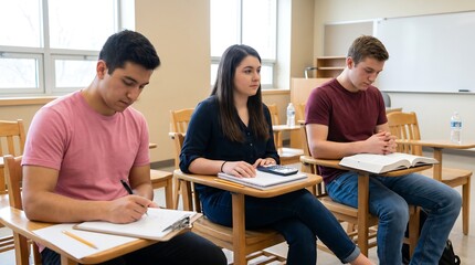 Fototapeta premium Group of students sitting at individual desks in classroom taking academic test with pens and notebooks on wooden surfaces