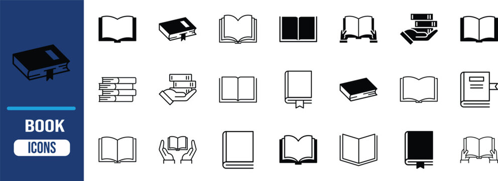Book reading education knowledge icons. book icon set, open book icon set, stack of books icon set