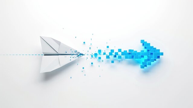 A paper airplane flies forward with a trail of blue pixels transforming into an arrow.