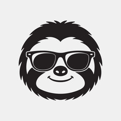 Obraz premium Funny Cartoon Sloth Face Vector Illustration Wearing Cool Black Sunglasses and Smiling Isolated on Light Background,