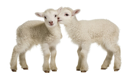 Two fluffy white lambs nuzzling each other © Solene