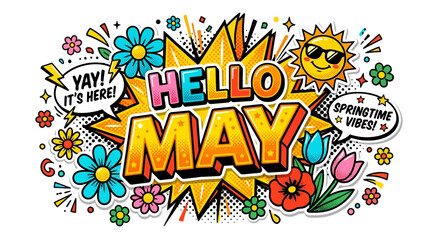 Fototapeta premium Colorful Hello May Comic Text.