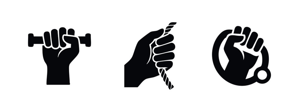 Hand holding objects icons set. Dumbbell, rope, and megaphone symbols.