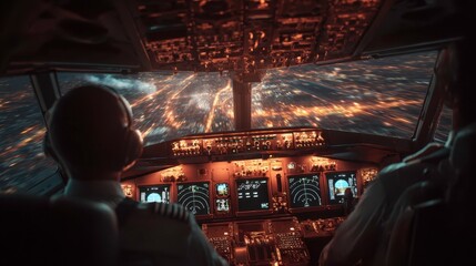 Fototapeta premium Cockpit View of Airplane Flying Over City Lights at Night