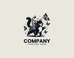 Fototapeta premium Fantasy winged kitten playing with butterflies black vector logo illustration style