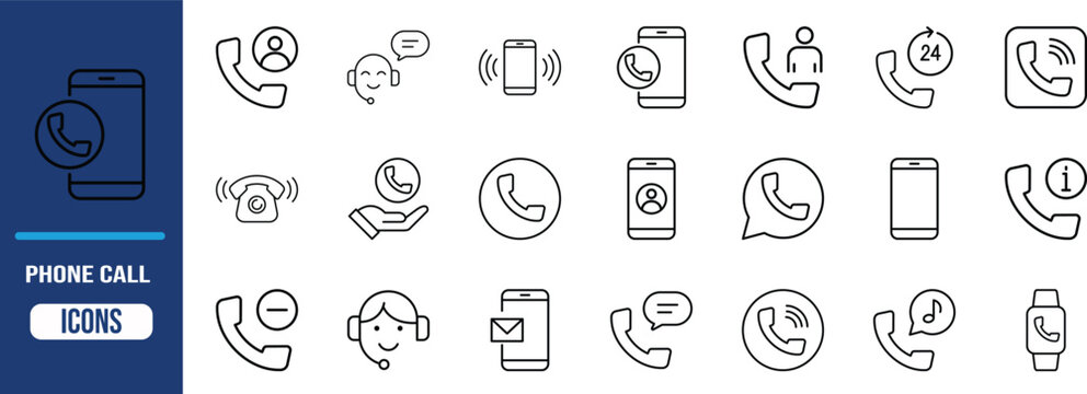 Phone call communication line icons. telephone receiver icon set, mobile phone icon set, headset icon set