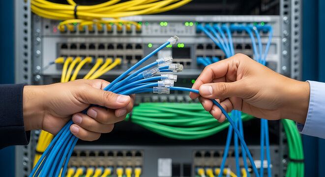 IT Technicians Managing Network Ethernet Cables in a Server Room Data Center Environment