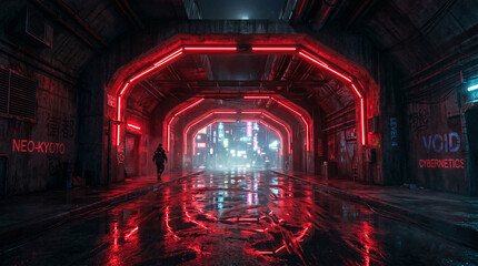 Fototapeta premium A dark alleyway with red neon lights and a person walking down the street in a futuristic cityscape at night