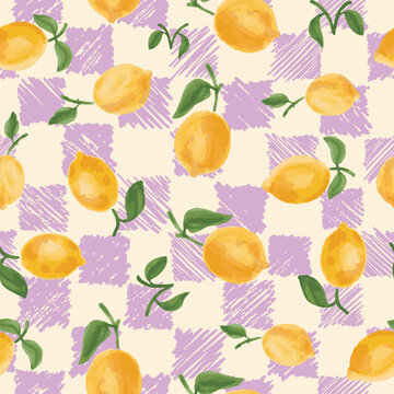Hand drawn, vector retro check background with lemons seamless repeat pattern. Random placed, citrus fruits on scribbled rectangles aop, all over surface print.